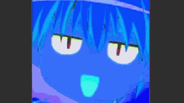 a close up of a blue anime character with white eyes