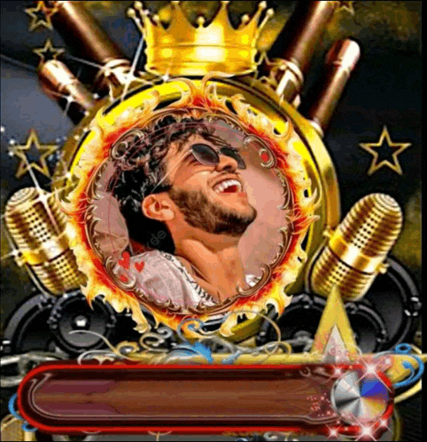 a picture of a man with a beard and sunglasses in a frame with a crown on it
