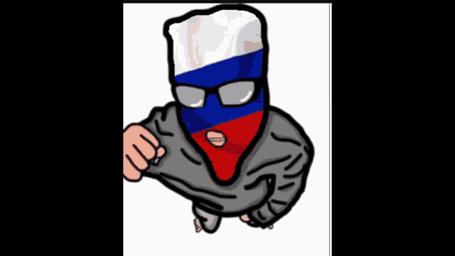 a cartoon drawing of a man wearing a russian flag mask