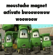 a group of green cartoon cars are standing next to each other on a road .