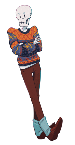 a cartoon drawing of a skeleton wearing a sweater and brown pants