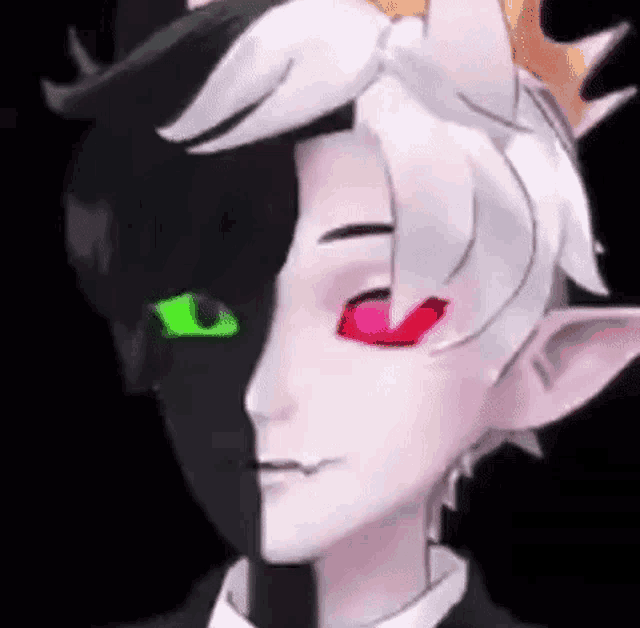 a close up of a person 's face with half of it being black and half of it being white and red .