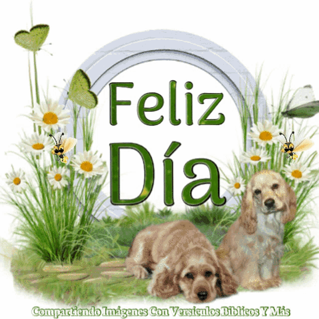 two dogs are laying in the grass with the words feliz dia