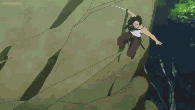a cartoon of a man being pulled by a tree branch