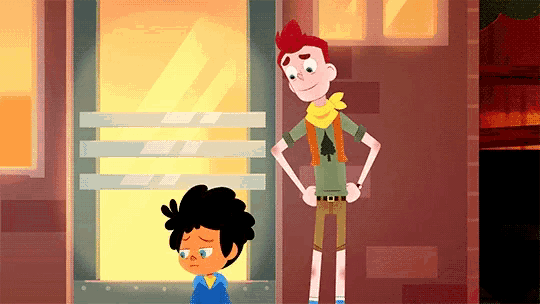 two cartoon characters standing in front of a building