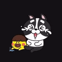 a black and white cartoon dog is sitting next to a yellow cartoon character .
