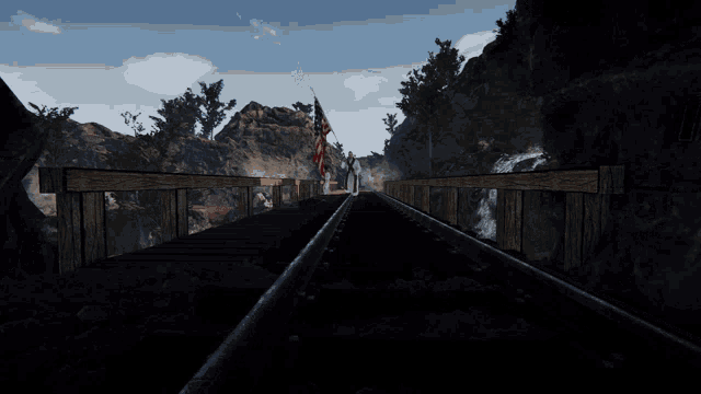 a man in a white robe is walking across a wooden bridge