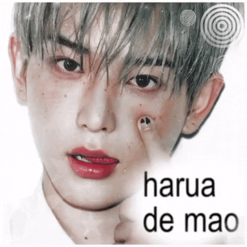 a close up of a person 's face with the words harua de mao written on the bottom