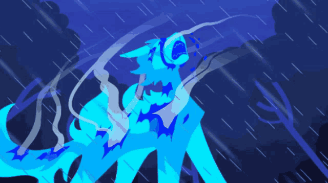 a drawing of a blue animal in the rain with headphones on