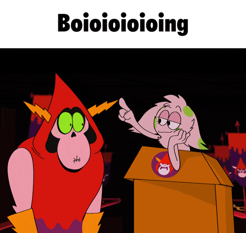 two cartoon characters are standing next to each other with the words boioioioioing on the top