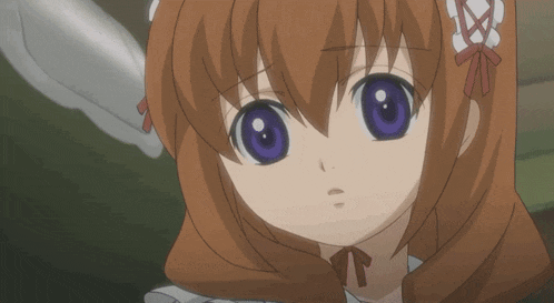 a close up of a girl with purple eyes and a bow in her hair