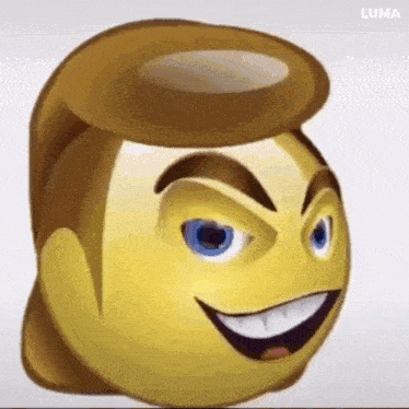 a yellow smiley face with a brown hair and blue eyes is smiling and looking angry .