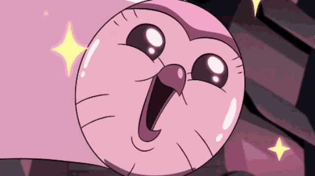 a close up of a pink cartoon character with a surprised look on its face