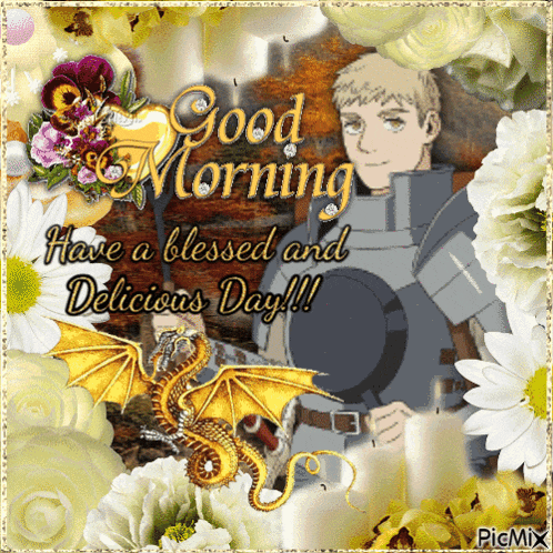 a picture of a man holding a dragon with the words " good morning have a blessed and delicious day "