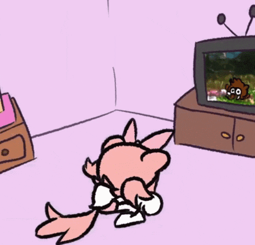 a cartoon drawing of a pink cat hanging upside down in front of a tv
