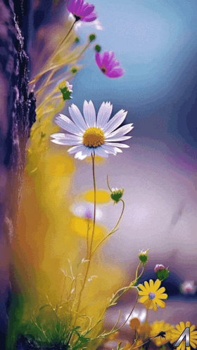 a white daisy with a yellow center is surrounded by other flowers