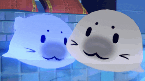 a blue and a white cartoon character with a mustache