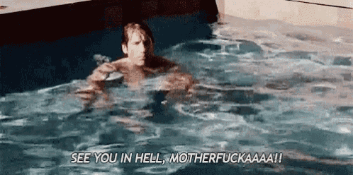 a man is swimming in a pool and says see you in hell motherfuckaaa