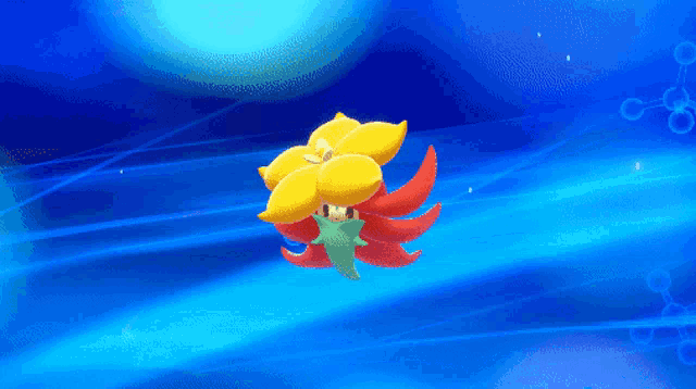 a yellow and red flower is flying in the air