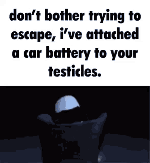 a cartoon character is driving a car with a car battery attached to your testicles .
