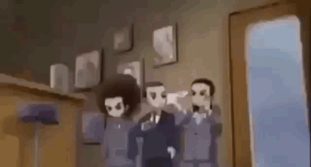 a group of cartoon characters standing next to each other in a room with pictures on the wall .