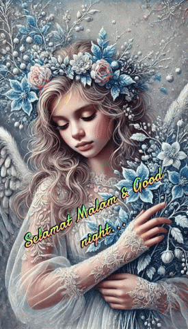 a painting of a girl with flowers on her head and the words selamat malam & good night