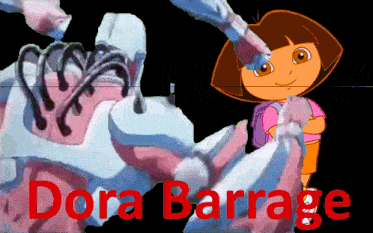 a cartoon of dora and a robot with the words dora barrage written in red