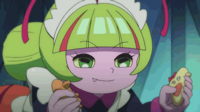 a cartoon character with green hair and a maid 's hat is eating a sandwich