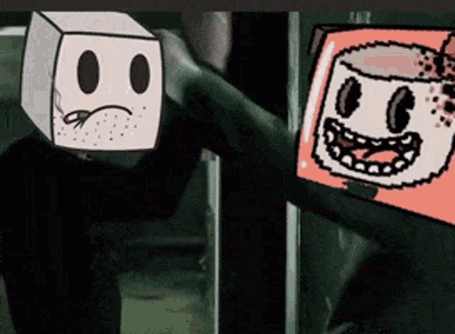 a person with a box on their head has a sad face on it