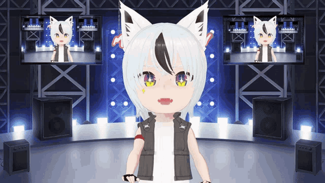 a girl with white hair and black ears is standing on a stage with two monitors behind her