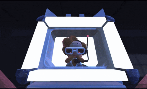 a cartoon character wearing glasses and a headset looks out of a window