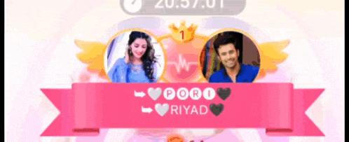 a picture of a man and a woman with a pink banner that says riyad
