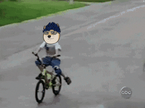 a cartoon dog wearing sunglasses is riding a bike on abc