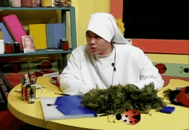 a woman in a nun costume sits at a table with a ladybug on it