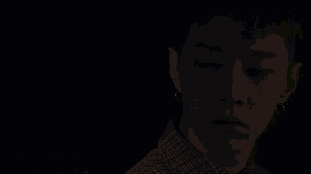 a man in a plaid shirt is looking at the camera in a dark room