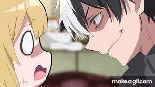 a man and a girl are looking at each other and the girl is making a funny face .