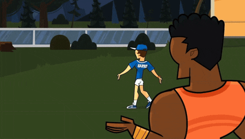 a cartoon of a man wearing a blue shirt that says rapid on it