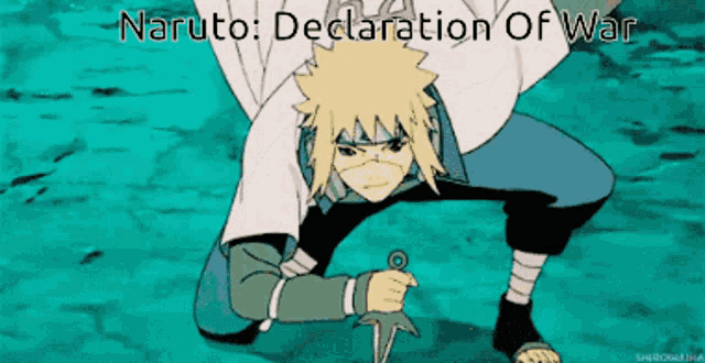 a cartoon of naruto holding a sword with the words naruto declaration of war above him