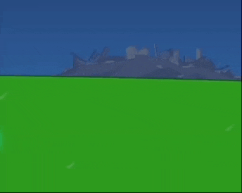a cartoon character is standing on a green field with a mountain in the background .