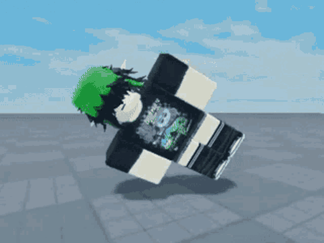 a minecraft character with green hair is flying through the air in a video game .