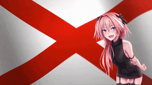 a girl with pink hair stands in front of a flag