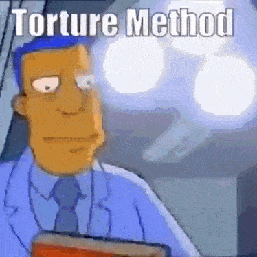 a man in a suit and tie is holding a book that says torture method .