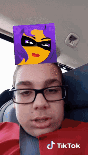 a man wearing glasses and a red shirt has a picture of a woman on his head and a tiktok watermark