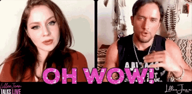 a man and a woman are on a video call with the words oh wow
