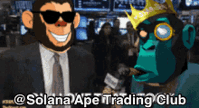 a monkey wearing sunglasses and a crown is talking to a man in a suit