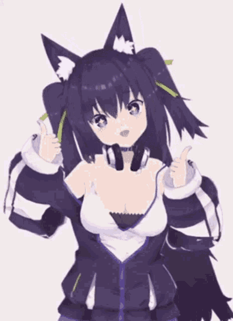 a 3d anime girl with headphones on her neck is giving a thumbs up sign .