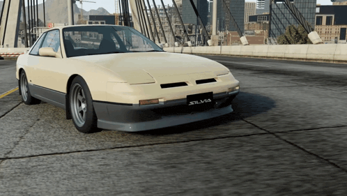 a silvia car is driving on a bridge in the city