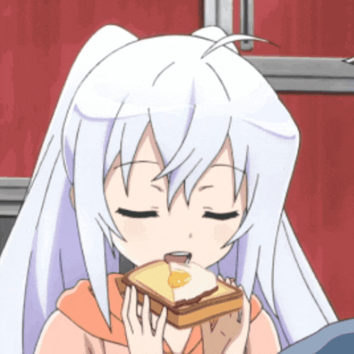 a girl with white hair is eating a piece of toast with a fried egg on it