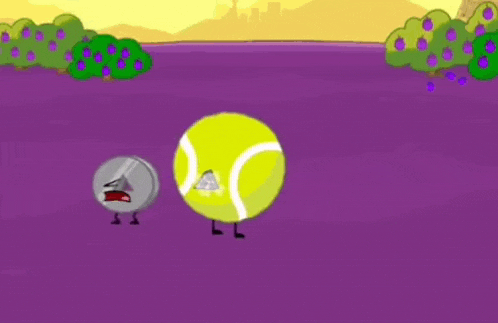 a tennis ball and a coin are walking on a purple field in a cartoon .