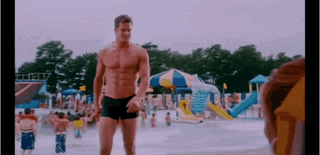 a man without a shirt is standing in a water park .